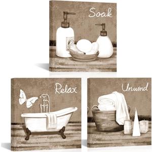 RnnJoile Beige Bathroom Pictures Wall Art Bathtub Spa Painting Prints Decorative Relax Soak Unwind Artwork for Bathroom Framed