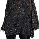 WDIRARA Women's Plus Size Star Print Mesh Glitter Round Neck Long Sleeve Oversized Sparkly Tee Top (Black, L)