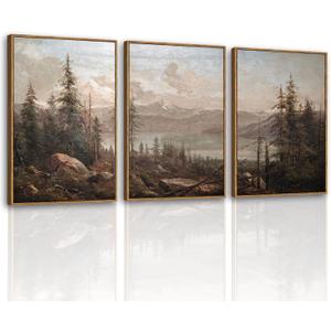 VIYYIEA Large Framed Canvas Wall Art, 3 Pcs, Living Room Vintage Landscape Decor, Nature Wall Art Bedroom Above Bed Decor, Country Retro Pictures, 16x24inch, Set of 3