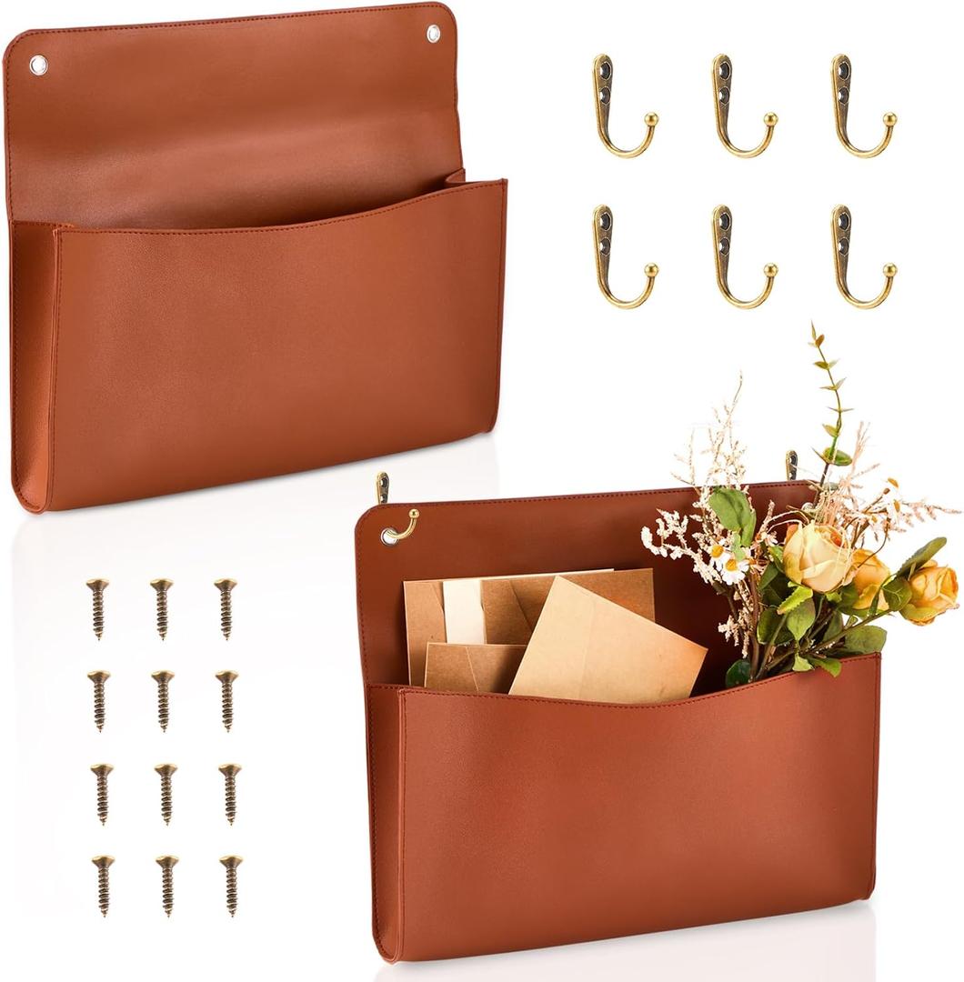 2 x Marspark 2 Set PU Leather Mail Holder Wall Mount 12.2x10.24 Inch Leather Letter Holder 2 Ring Binder Hanging Wall File Organizer Mail Sorter for Decor Storage Letter Postcard Flower Home Office(Brown)