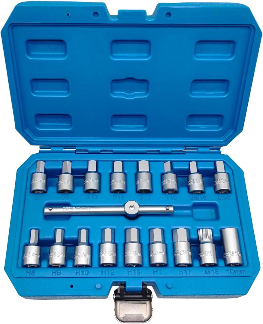 JEUCLEL 18PCS 3/8" Drive Oil Drain Sump Plug Key Set, Drain Plug Socket Set, Gearbox Hex Square Triangle Torx Spline Socket Set with Sliding Bar for Oil Sump, Differential, Gearboxe, Engine Oil Sump