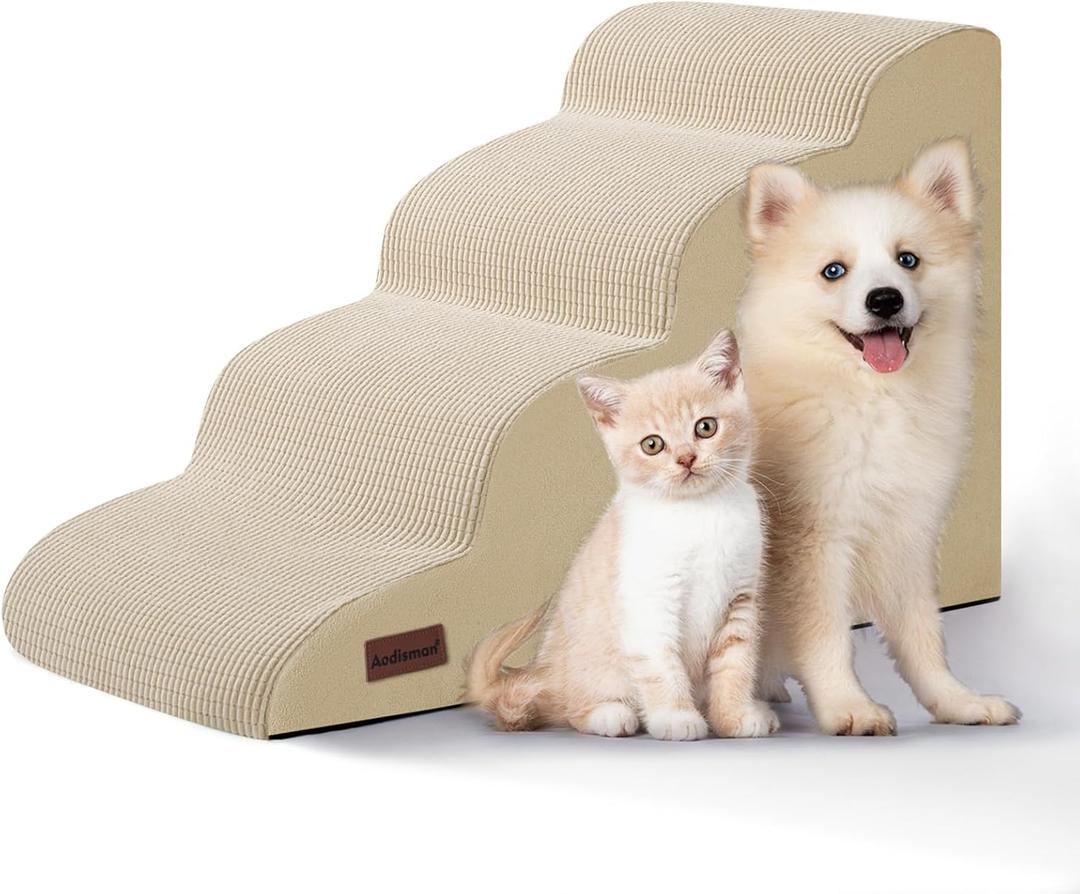 Aodisman 4-Step Dog Stairs and Ramp for Beds or Couches,Non-Slip Sturdy Pet Steps for Small Dogs and Cats,17.4" H,Beige