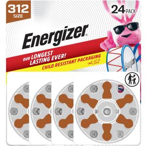 Energizer Hearing Aid Batteries Size 312, Brown Tab, 24 Pack