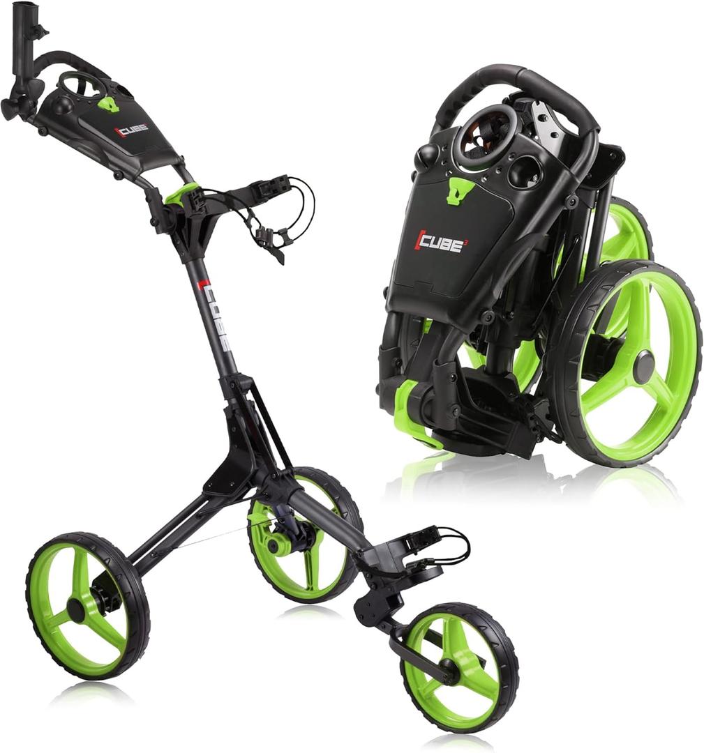 CUBE CART 3 Wheel Push Pull Golf CART - Two Step Open/Close - Smallest Folding Lightweight Golf CART in The World - Choose Color! (Charcoal/Lime)
