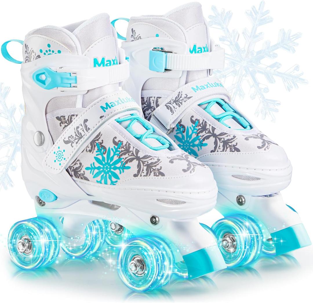Snowflake Roller Skates for Girls,4 Size Adjustable Kids Roller Skates with All Light Up Wheels for Toddler Teens Beginners, Ideal Birthday for Indoor Outdoor Use (Medium - Big Kid(1-4), White)