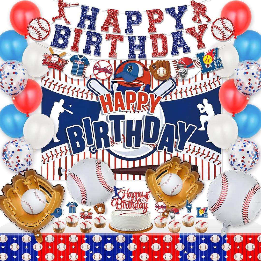 Baseball Party Decorations, Baseball Birthday Party Supplies Kit, Include Sport Themed Backdrop, Happy Birthday Banners, Tabelcloth, Baseball Balloons, Cake&Cupcake Toppers