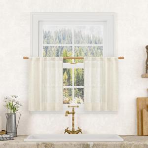 LAMIT Short Kitchen Linen Curtains 24 Inch Length for Small Windows, Cream Ivory Semi Sheer Light Filtering Panels Back Tab and Rod Pocket Cafe Drapes for Half Window, 2 Panels, 25 x 24 Inch (Natural)