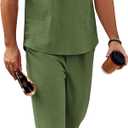 COOFANDY Mens 2 Pieces Cotton Linen Sets Short Sleeve Casual Henley Shirt Summer Beach Pants Lounge Vacation Outfits Set (Medium, Army Green)