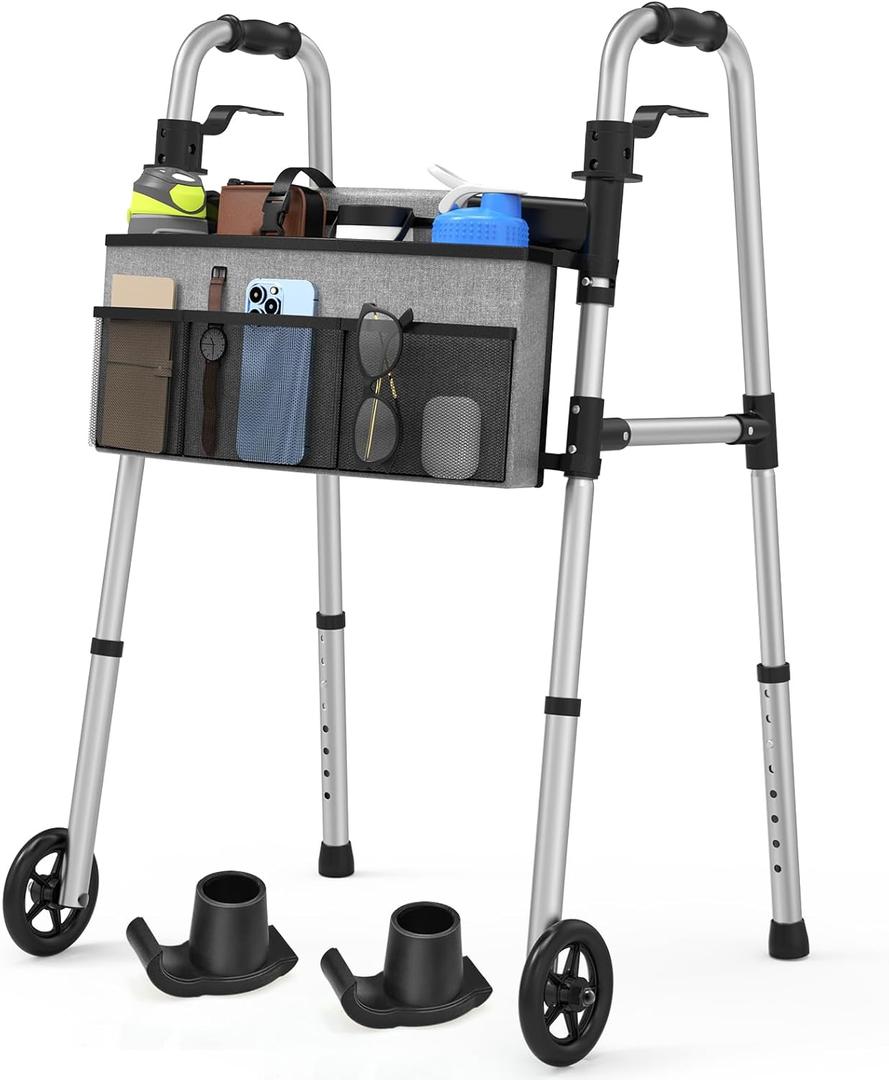 FSA/HSA Eligible Folding Walker with Large Basket and 2 Glide Skis, 5" Wheels Lightweight Walkers for Seniors and Adults, Supports Up to 350 Pounds, Adjustable Height, Compact Standard Walker (Walker With Basket)