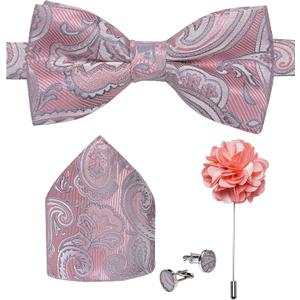 DiBanGu Pre-Tied Bow Ties for Men Silk Adjustable Tuxedo Bowties Pocket Square Cufflinks Set with Lapel Pin Jacquard Woven (Pink)