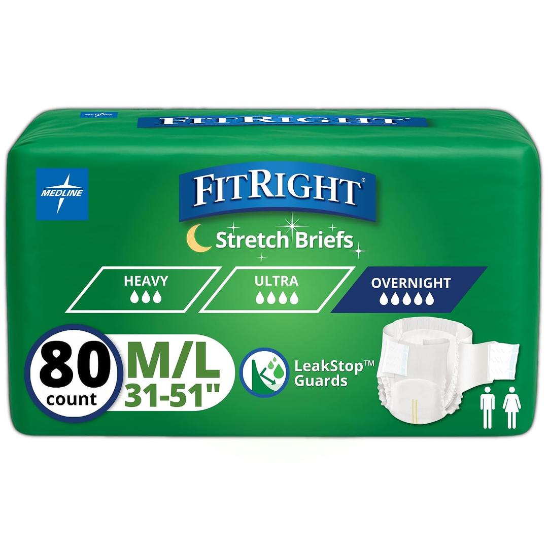 FitRight Extended Wear Stretch Briefs, Overnight Adult Diapers with Tabs, Size 1 (Case of 80) (White, S)