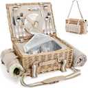 19Pcs Picnic Basket for 2 with Insulated Liner and Waterproof Picnic Blanket Wine Pouch, Large Wicker Picnic Hamper for Camping,Outdoor,Valentine Christmas for Couples,Natural