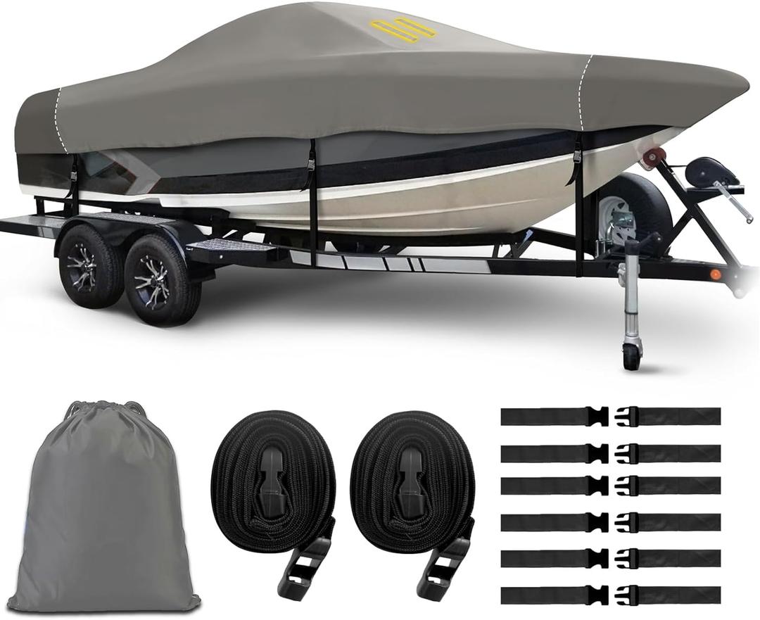 Royrunize 1200d Heavy Duty Waterproof Boat Covers, Boat Cover 20-22 ft with Reinforces Nose Cones, Tear Resistant & Trailable 21 ft Boat Cover for 20 21 22 Foot Bass Boat V-Hull Fishing Ski Boats (Light Grey)