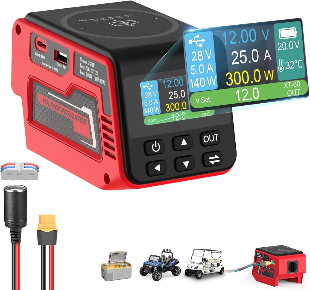 300W Voltage Regulator Compatible with Milwaukee 18V Battery (Battery Not Included), 230V Adjustable DC Output, 100W Type-C PD Fast Charging, 15W Wireless Charger (Red)