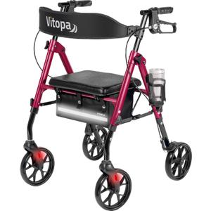 Walkers for Seniors with Seat W20S, 350 lbs Heavy-Duty Rollator Walker, Smooth 8 Widened Wheels, Foldable, Dual Height Adjustable, Thickened Ergonomic Seat & Backrest, Burgundy Red