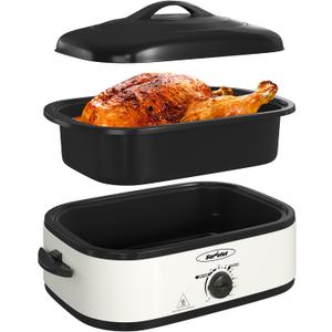 Sunvivi Electric Roaster Oven with Self-Basting Lid, 14-Quart Turkey Roaster Oven with Removable Pan and Rack, Stainless Steel, White
