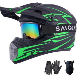 SanQing Youth Kids Motocross Helmet, Full Face Motorcycle Helmet for Dirt Bike ATV Four Wheeler MX Offroad Street Helmet with Gloves,Goggles,Face Shield DOT Approved (Medium, Green)