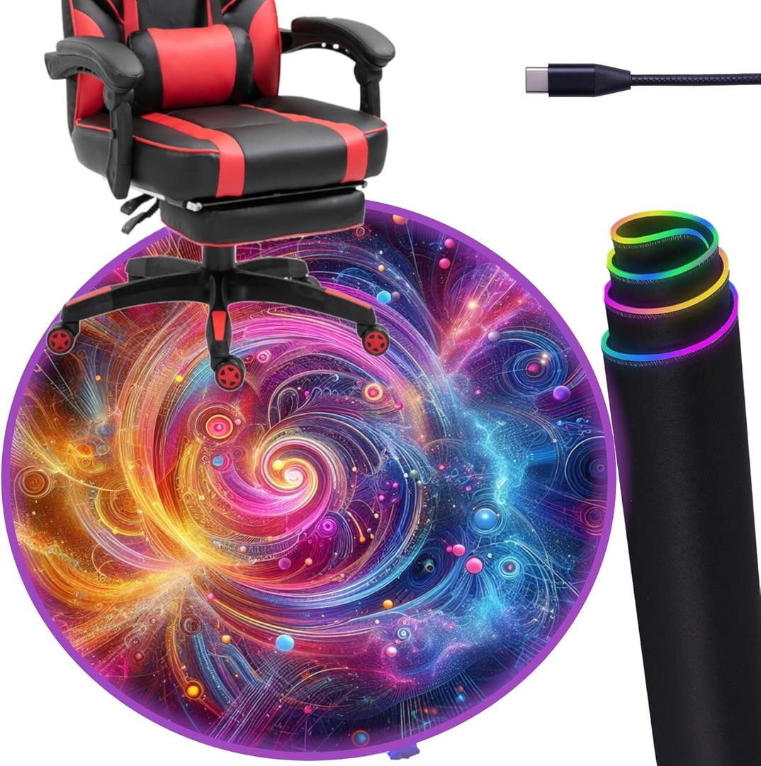 Gaming Chair Mat for Hardwood Floor Circle RGB Gaming Lights (Neon 47”) - Noise Cancelling, Anti-Slip Gamer Floor Mat – Scratch Resistant Computer Gaming Mat for Chair – Office Chair Mat