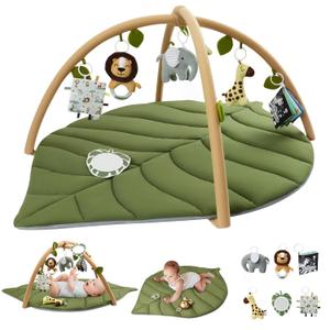 Blissful Diary Baby Play Gym & Activity Mat, Oversized Leaf-Shaped Baby Play Mat w 6 Detachable Toys, Tummy Time Mat Promotes Motor Skills & Sensory Development Mat, Newborn Infant Baby Essentials Gift
