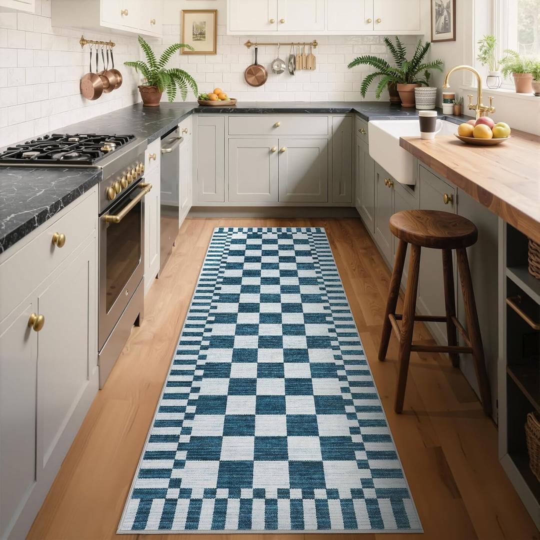 GarveeHome 26 Kitchen Runner Rug Non Slip,Blue and White Checkered Rug, Washable Runner Rug for Hallway Soft Low-Pile Geometric Modern Rugs for Entryway