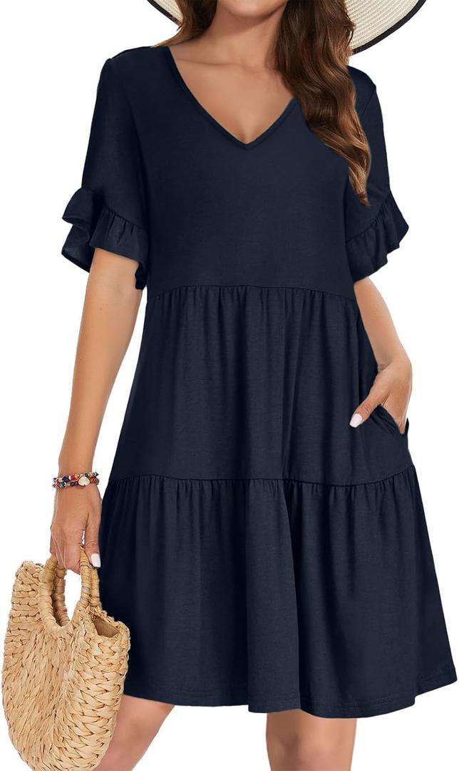 Summer Dresses for Women 2026 Loose V Neck Ruffle Sleeve Tiered Flowy Casual A Line Mini Beach Dress with Pockets (XL)