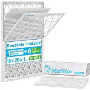 Reusable 16x20x1 Air Filter (MERV 8), 1 Foldable Frame + 6 Refills (Not Individual Filters), Greener HVAC AC Furnace Air Filters MPR 700&FPR 5(Actual Size:15.75"x19.75"x0.75")