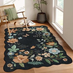 Lahome Floral Machine Washable Rug, 3x5 Rug Non Slip Soft Bedroom Rugs for Entryway Dorm, Ultra-Thin Boho Rugs for Living Room Stain Resistan Throw Carpet for Nursery Entrance, Black/Grey
