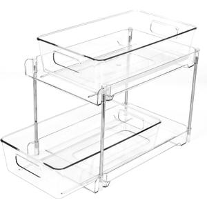 1 Pack 2-Tier Bathroom Organizers and Storage, Clear Under Sink Organizer Vanity Countertop Storage Pantry Organizers, Pull-Out Cabinet Organizer With Track For Bathroom, Kitchen, Pantry