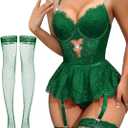 Lilosy Sexy Stocking Rhinestones Heart Garter Underwire Floral Mesh lace Sheer Babydoll Lingerie Teddy Bodysuit Skirt Set (Dark Green) XL