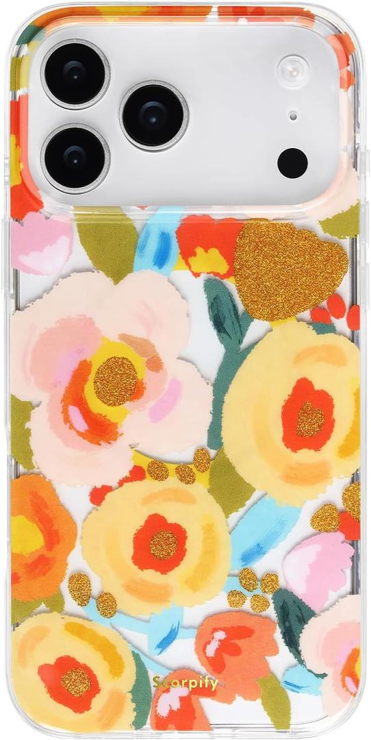 SCORPIFY for iPhone 17 Pro Max Case [Compatible with MagSafe] with Heronsbill Floral Design, Cute Clear Flower Magnetic Phone Cover for Women Girls, Pink Slim Bumper with Gold Accents
