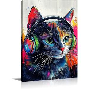 Cat Canvas Wall Art Graffiti Wall Decor Framed Funny Cat Listen to Music Picture Pet Painting Modern Pop Prints for Living Room Home Office Ready to Hang - 16.00"x24.00"