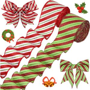 2 Rolls Christmas Wired Ribbon Red Green Stripe Glitter Ribbon Xmas Wrapping Burlap Decor for Home Party DIY Craft Bows, 2.5 Inch 20 Yards (White, Green)