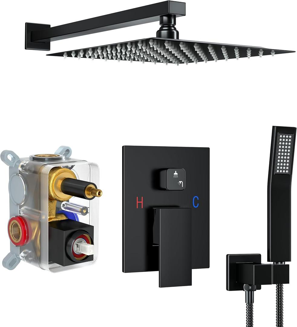 Shower Faucet Set, Shower System with 10 Inch Rain Showerhead and Handheld Shower, Wall Mounted High-Pressure Showerhead Combo Set Included Valve and Trim, Matte Black