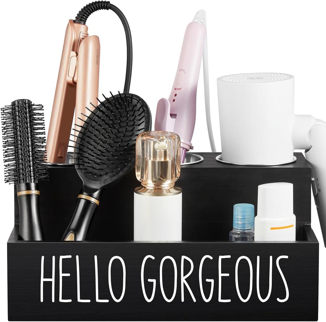 Hair Tool Organizer, Wooden Hair Dryer Holder Countertop, Wall Mount Hot Tools Organizer for Hair Styling Accessories, Bathroom Supplies Vanity Caddy for Curling Wand, Blow Dryer, Black