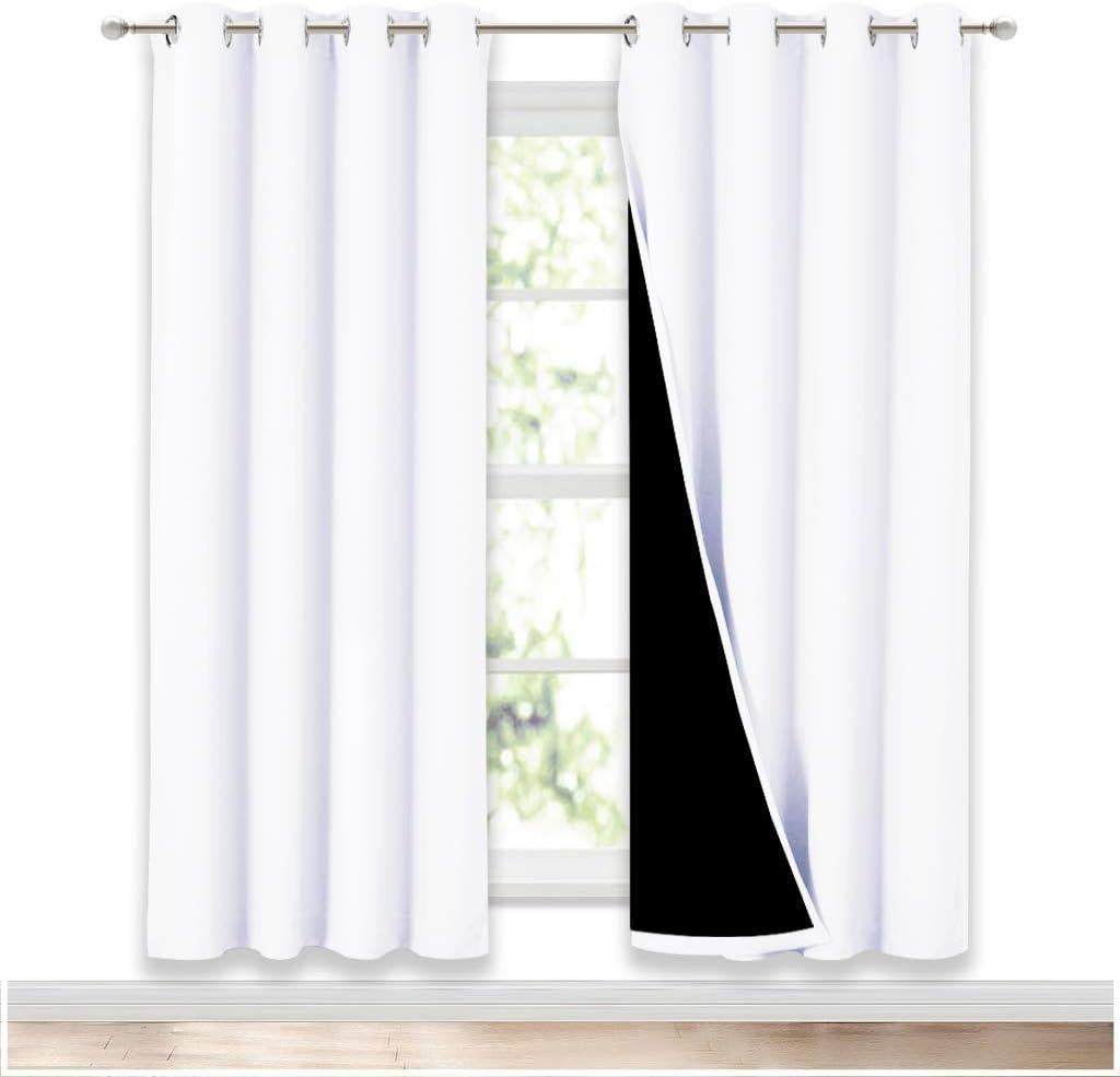 NICETOWN 100% Blackout Window Curtain Panels, Full Light Blocking Drapes with Black Liner for Nursery, 72 inch Drop Thermal Insulated Draperies (White, 2 Pieces, 52-inch Wide Per Panel)