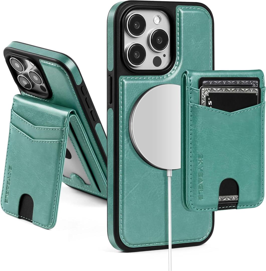 SkyEagle Compatible with Magsafe 2 in 1 Detachable iPhone 15 Pro Max Wallet Case with Card Holder,Women Men Magnetic PU Leather RFID Blocking Flip Kickstand Credit Slots,Blue Green
