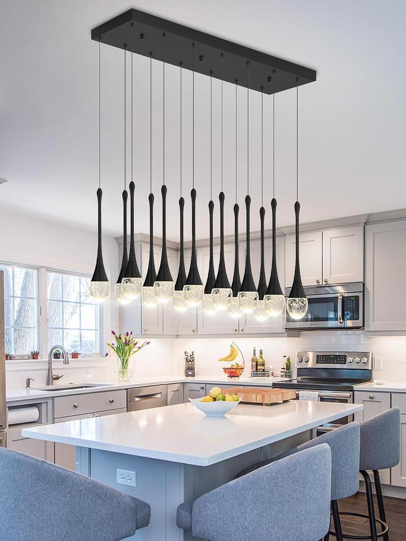 ykolupty Modern Rectangular Chandelier,14 Lights Black Raindrop Chandelier Lighting,Industrial Linear Pendant Ceiling Light Fixture for Dining Living Room Kitchen Island, Rectangle 14-Lights