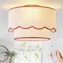 Flush Mount Ceiling Fan with Light, 18" Red Low Profile Boho Ceiling Fans with Lights Remote Control, Drum Caged Fabric with 6 Speeds for Bedroom,Nursery,Living Room