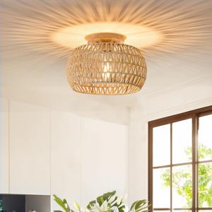 13 Inch Rattan Flush Mount Ceiling Lights Farmhouse Boho Ceiling Light Fixtures Rustic Wicker Hand Woven Rope Cage for Dining Room Kitchen Bedroom Foyer Hallway Entryway