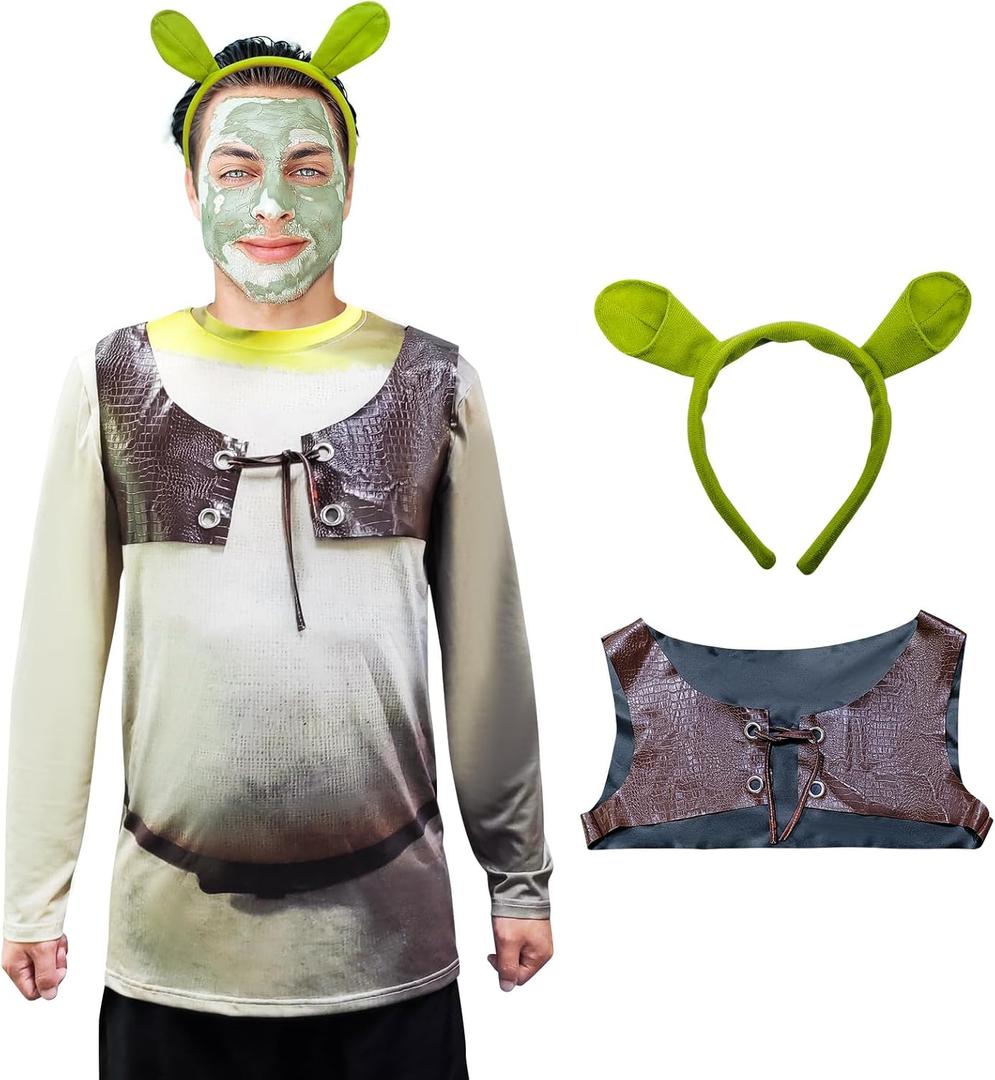 ATAMET Monster costume Halloween long sleeved T-shirt Front Back Print Three piece set with vest headband for Men and Women (3X-Large, Green)