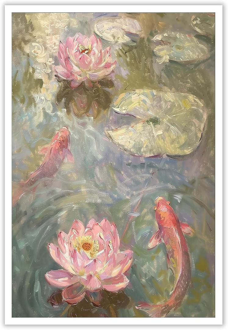 Koi Pond Canvas Wall Art Japanese Botanical Gardens Poster Vintage Pink Lotus Fish Print Japanese Home Wall Decor For Home Bedroom Dorm Bar Cart Wall Decor 12x16in Unframed