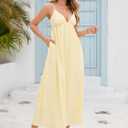 Women's Dress V Neck Backless Spaghetti Strap Maxi Dress for Women Flowy Boho Casual Sundress (Yellow, M)