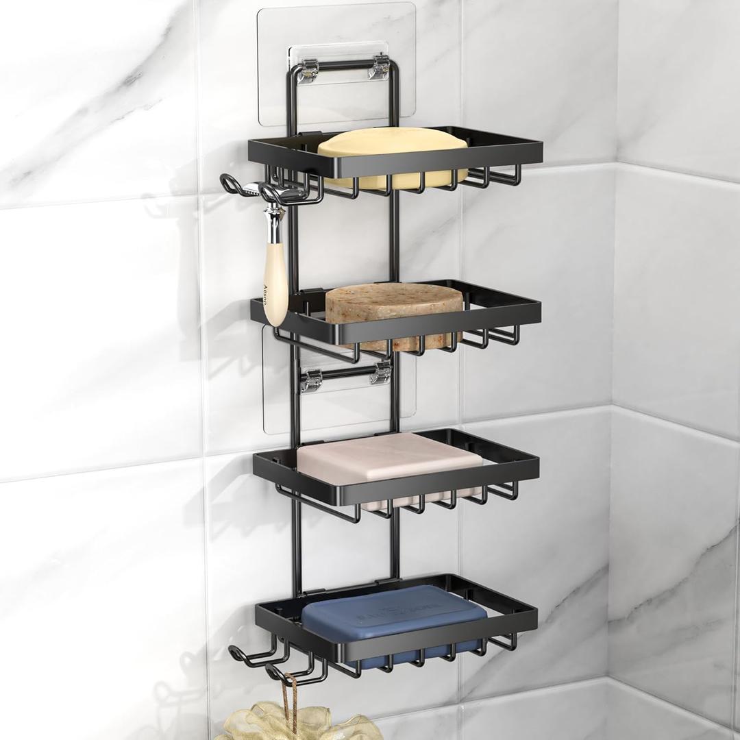 Moforoco 4 Tier Soap Bar Holder for Shower, No Drilling, 304 Stainless Steel, Wall Mounted Soap Holder with 4 Hooks and Razor Holder, Shower Rack Soap Tray Bar Soap for Bathroom Accessories Organizer (Black)