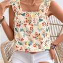 SweatyRocks Women's Sleeveless Square Neck Floral Print Ruffled Ruched Wide Strap Tank Top Blouse (M)