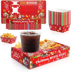 48 Pcs Christmas Party Supplies Movie Night Paper Snack Trays Xmas Party Decorations Christmas Birthday Favors Snowman Family Movie Popcorn&Drink&Candy Box