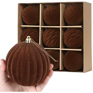 Waipfaru 9Pcs 3.94In Large Velvet Ornaments for Christmas Tree, Brown Velvet Christmas Ornaments Balls Set, Large Shatterproof Flocked Hanging Ornaments for Xmas Tree Wreath Garland Home Decor