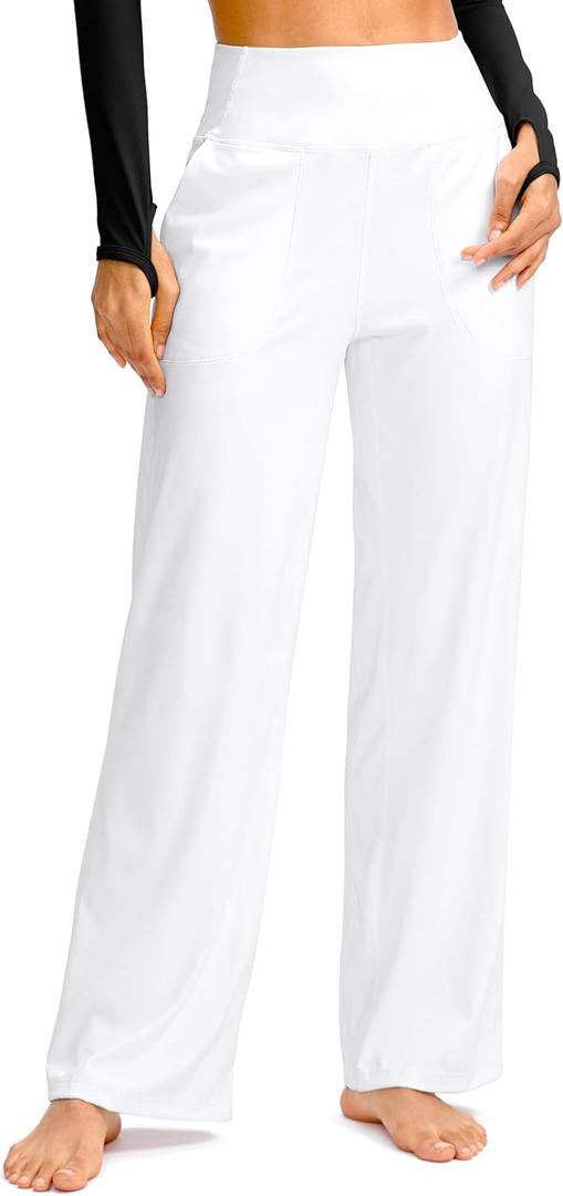 Soothfeel Wide Leg Pants for Women Petite/Regular/Tall High Waist Stretch Yoga Work Dress Lounge Sweatpants with Pockets (Large, White)