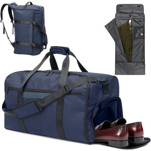 GARPROVM Garment Bags for Travel, 4 in 1 Convertible Garment Duffle Bags with Separated Suit Bag Shoe Compartment, Waterproof Carry On Luggage Bag Backpack Weekender Bag for Short Trip, Navy