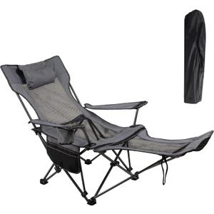 LEADALLWAY Camping Folding Chair with Foot Rest, Collapsible Camp Chair with Cup Holder and Removable Storage Bag, Heavy Duty Beach Chair for Outdoor Camp, Picnic, Travel, Fishing (Khaki)