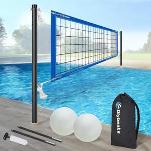 Base Free Swimming Pool Volleyball Net Set for Above Ground/Inground Pools with 3-Height Adjustable Aluminium Poles, Durable Anti-Sagging Net, 2 Water Volleyballs and Carry Bag (Deep Blue)